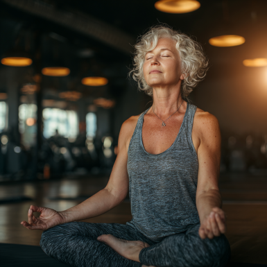 Группа людей зрелого возраста занимается йогой